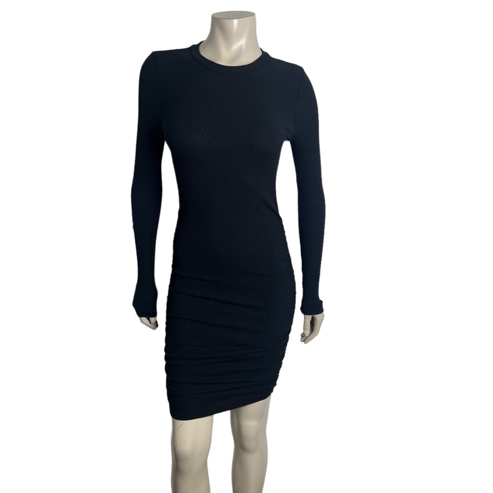 Black Ribbed Long Sleeve Side Ruched Mini Bodycon Dress
